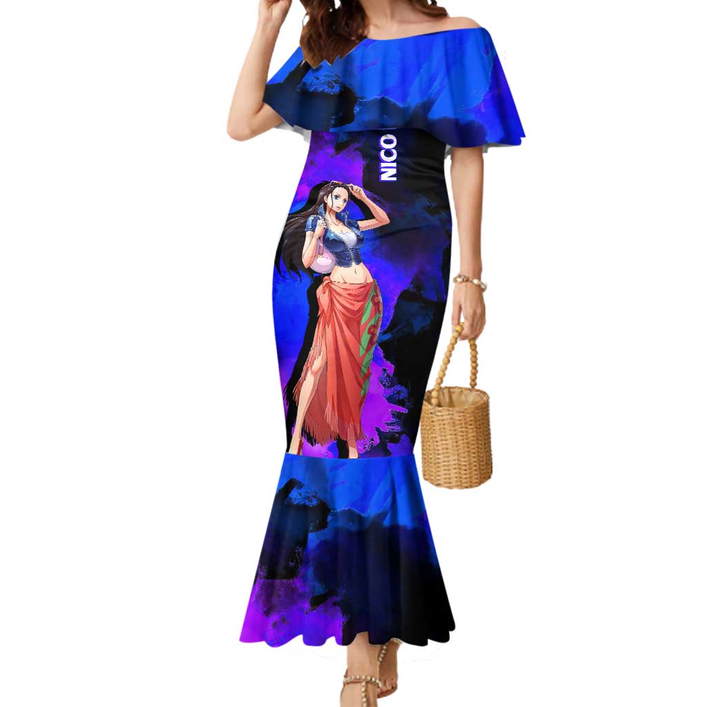 Nico Robin One Piece Purple and Blue Theme Mermaid Dress with Floral Cape and Archaeologist Pose Design - The Mazicc