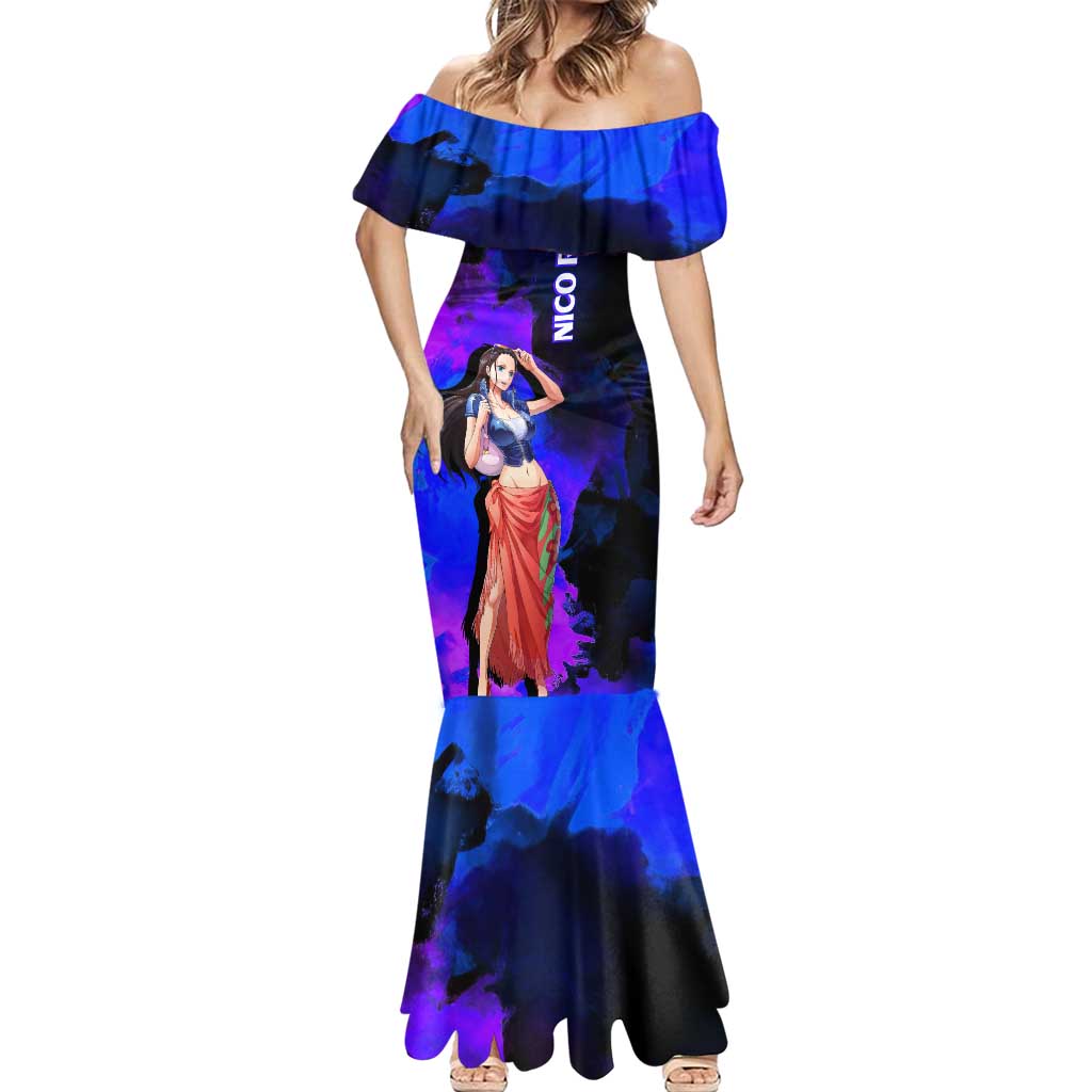 Nico Robin One Piece Purple and Blue Theme Mermaid Dress with Floral Cape and Archaeologist Pose Design - The Mazicc