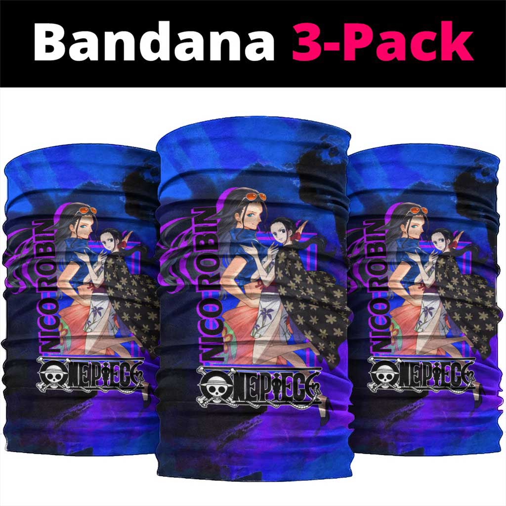 Nico Robin One Piece Purple and Blue Theme Neck Gaiter with Floral Cape and Archaeologist Pose Design - The Mazicc
