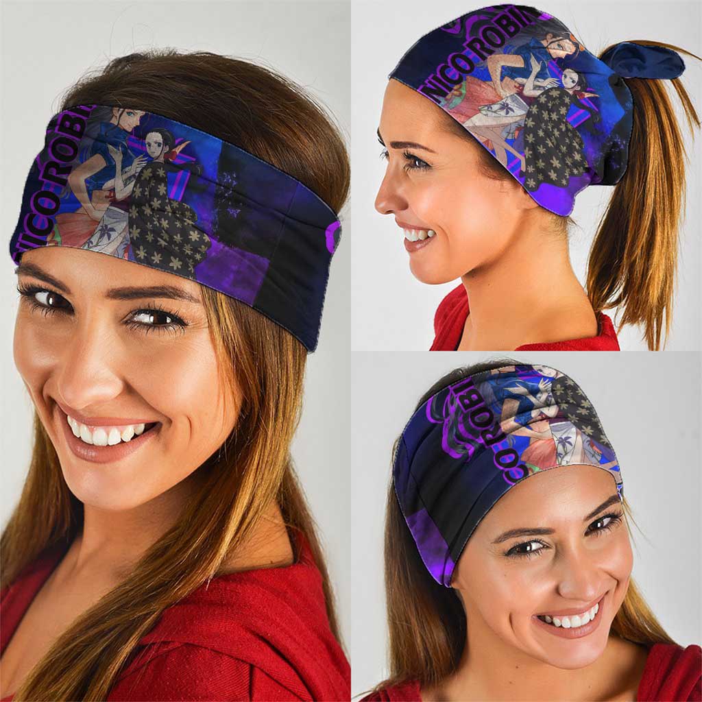 Nico Robin One Piece Purple and Blue Theme Neck Gaiter with Floral Cape and Archaeologist Pose Design - The Mazicc