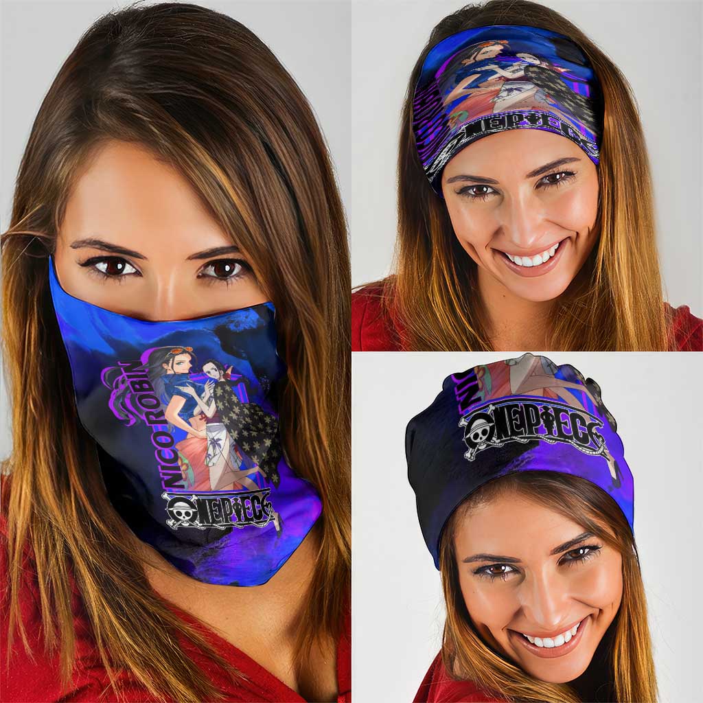 Nico Robin One Piece Purple and Blue Theme Neck Gaiter with Floral Cape and Archaeologist Pose Design - The Mazicc