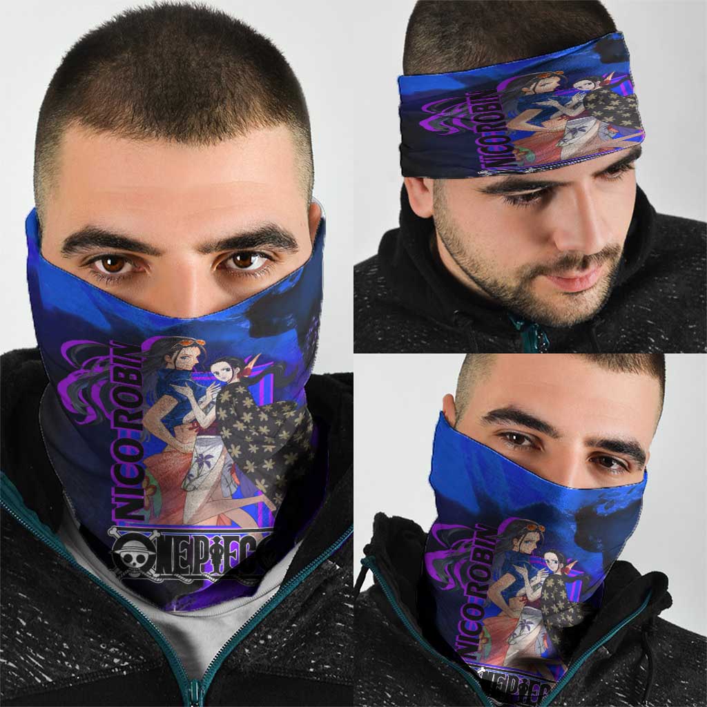 Nico Robin One Piece Purple and Blue Theme Neck Gaiter with Floral Cape and Archaeologist Pose Design - The Mazicc