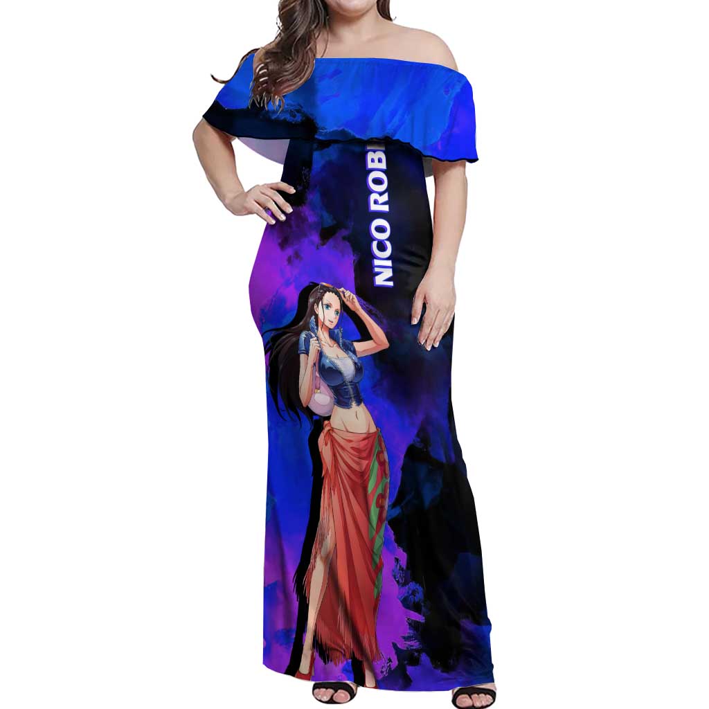 Nico Robin One Piece Purple and Blue Theme Off Shoulder Maxi Dress with Floral Cape and Archaeologist Pose Design - The Mazicc