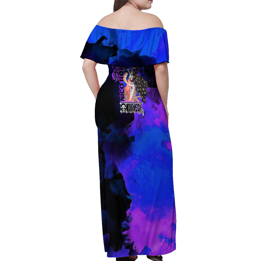 Nico Robin One Piece Purple and Blue Theme Off Shoulder Maxi Dress with Floral Cape and Archaeologist Pose Design - The Mazicc