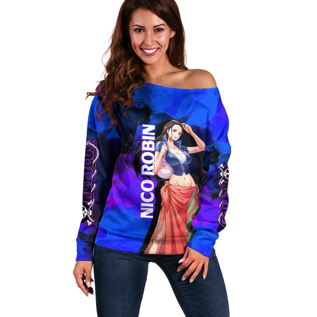 Nico Robin One Piece Purple and Blue Theme Off Shoulder Sweater with Floral Cape and Archaeologist Pose Design - The Mazicc