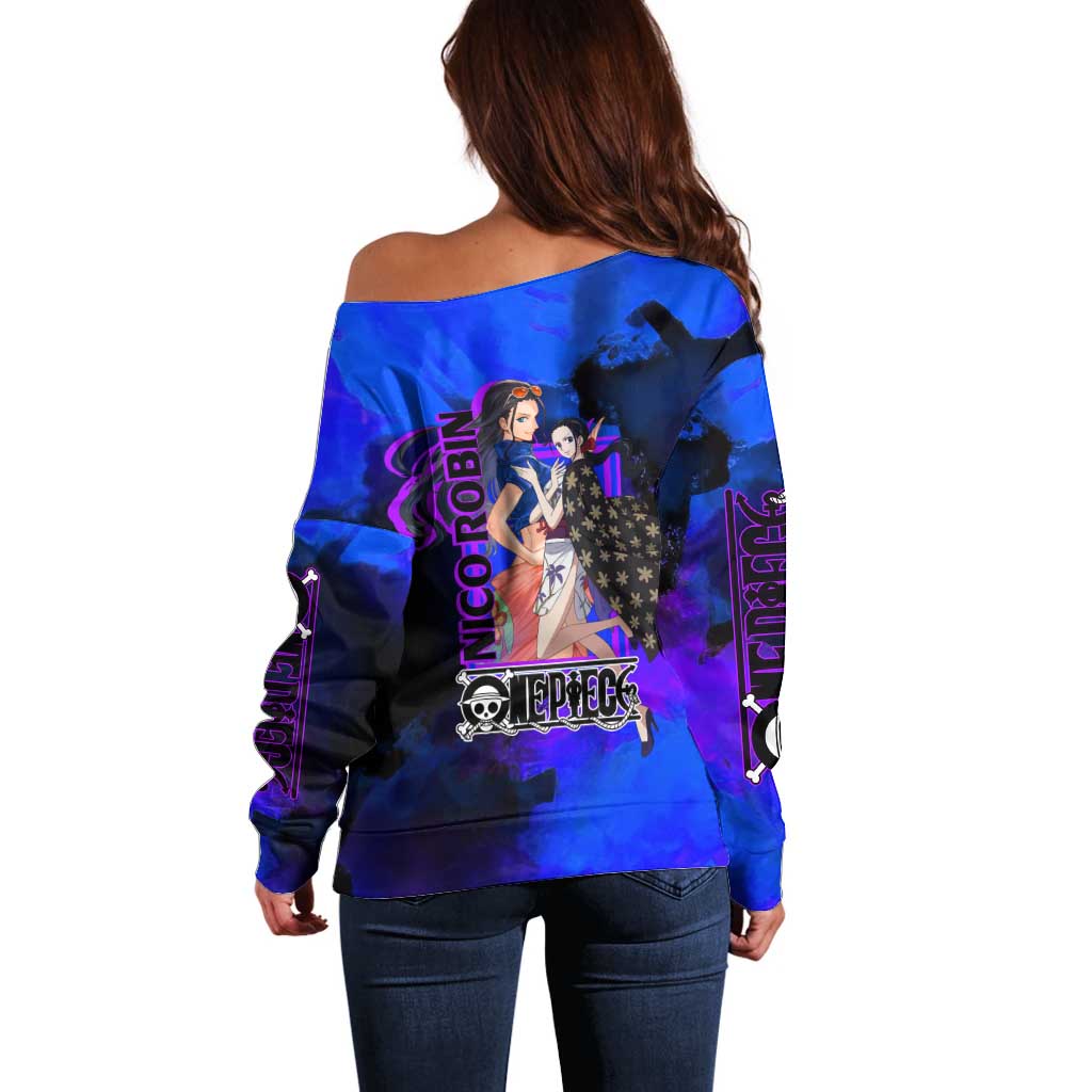 Nico Robin One Piece Purple and Blue Theme Off Shoulder Sweater with Floral Cape and Archaeologist Pose Design - The Mazicc