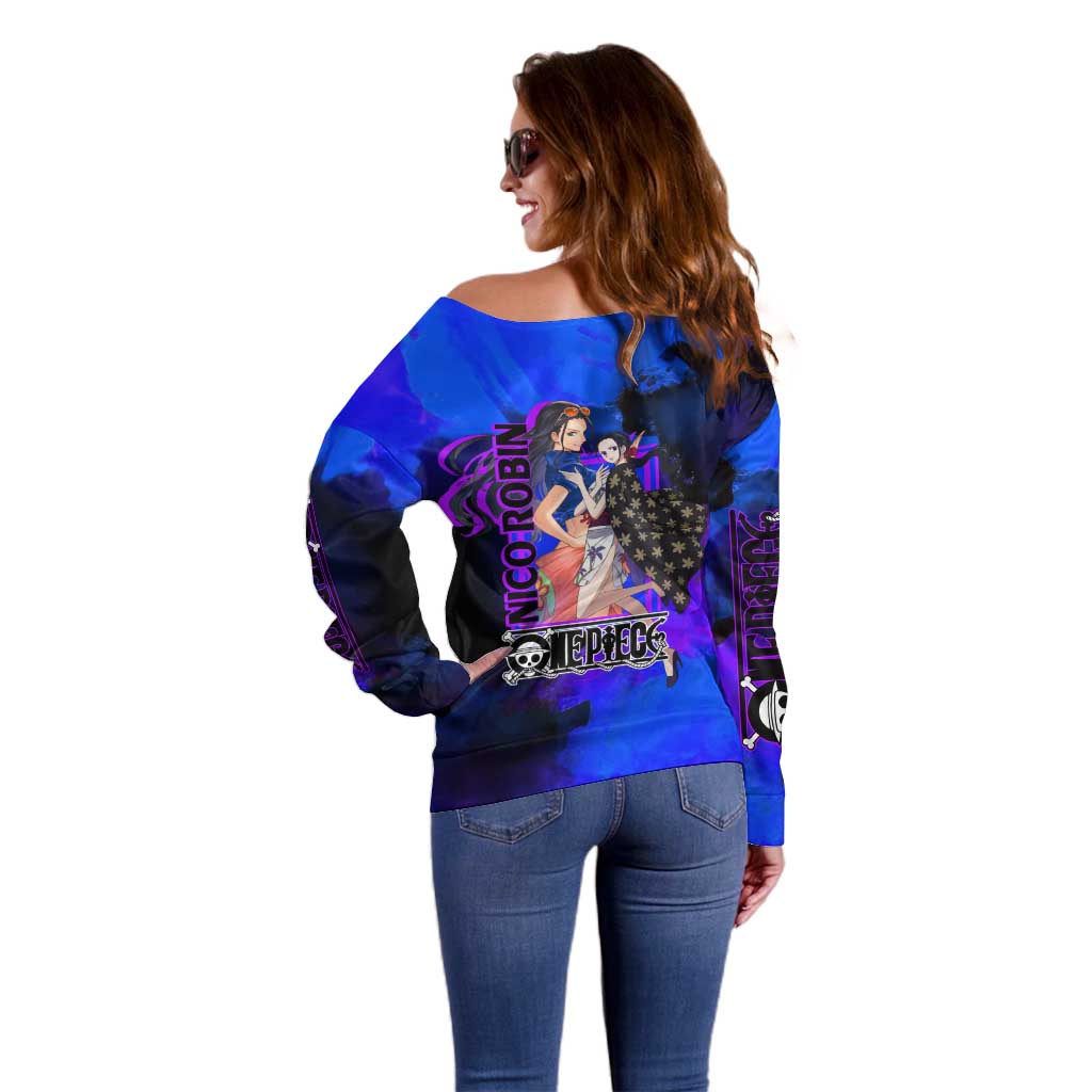 Nico Robin One Piece Purple and Blue Theme Off Shoulder Sweater with Floral Cape and Archaeologist Pose Design - The Mazicc