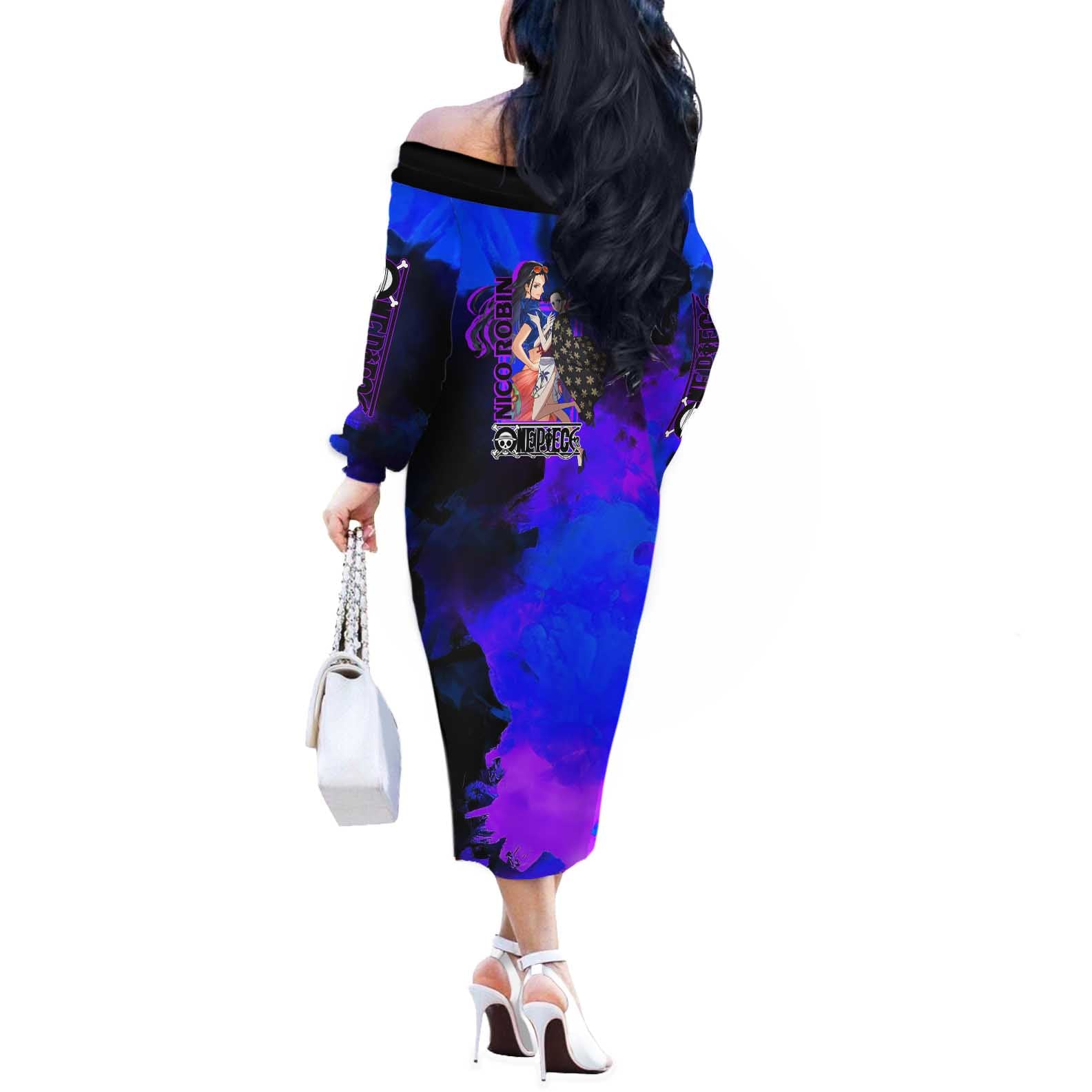 Nico Robin One Piece Purple and Blue Theme Off The Shoulder Long Sleeve Dress with Floral Cape and Archaeologist Pose Design - The Mazicc