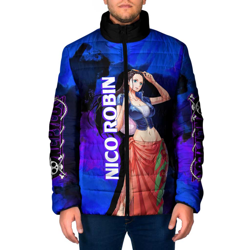 Nico Robin One Piece Purple and Blue Theme Padded Jacket with Floral Cape and Archaeologist Pose Design - The Mazicc