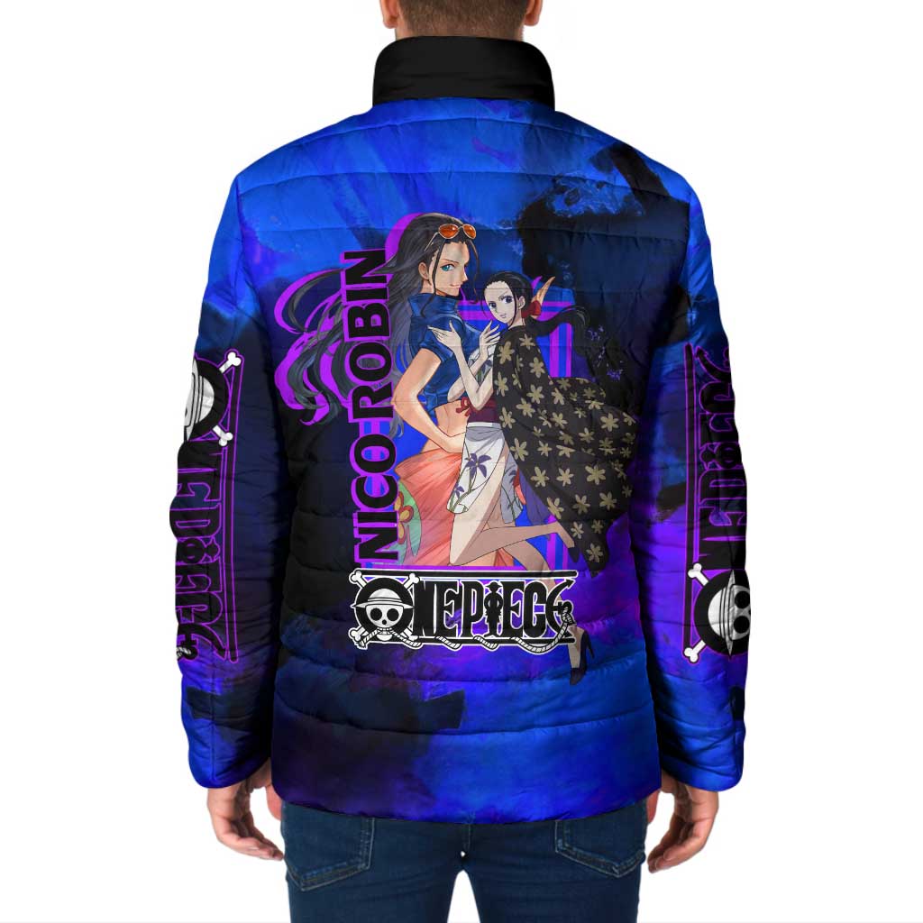Nico Robin One Piece Purple and Blue Theme Padded Jacket with Floral Cape and Archaeologist Pose Design - The Mazicc