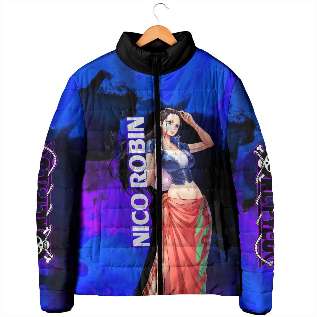 Nico Robin One Piece Purple and Blue Theme Padded Jacket with Floral Cape and Archaeologist Pose Design - The Mazicc