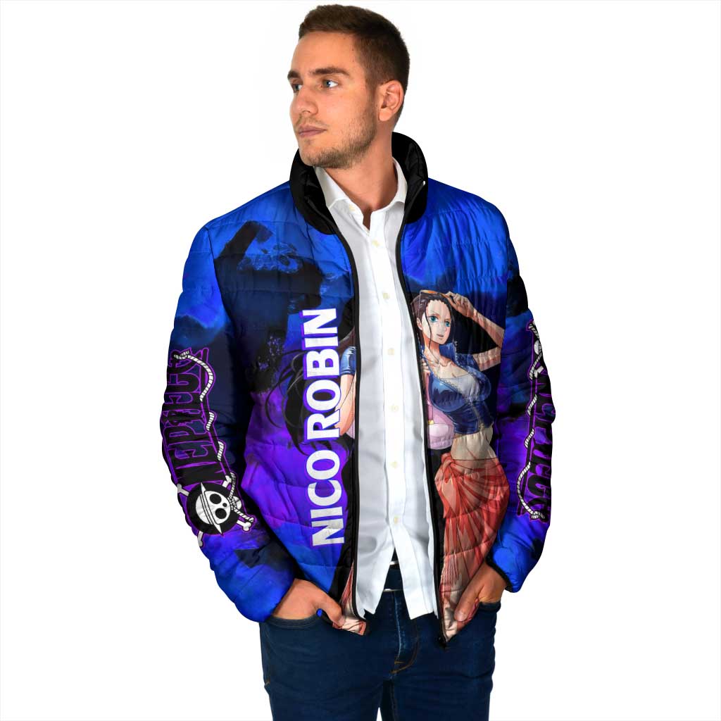 Nico Robin One Piece Purple and Blue Theme Padded Jacket with Floral Cape and Archaeologist Pose Design - The Mazicc