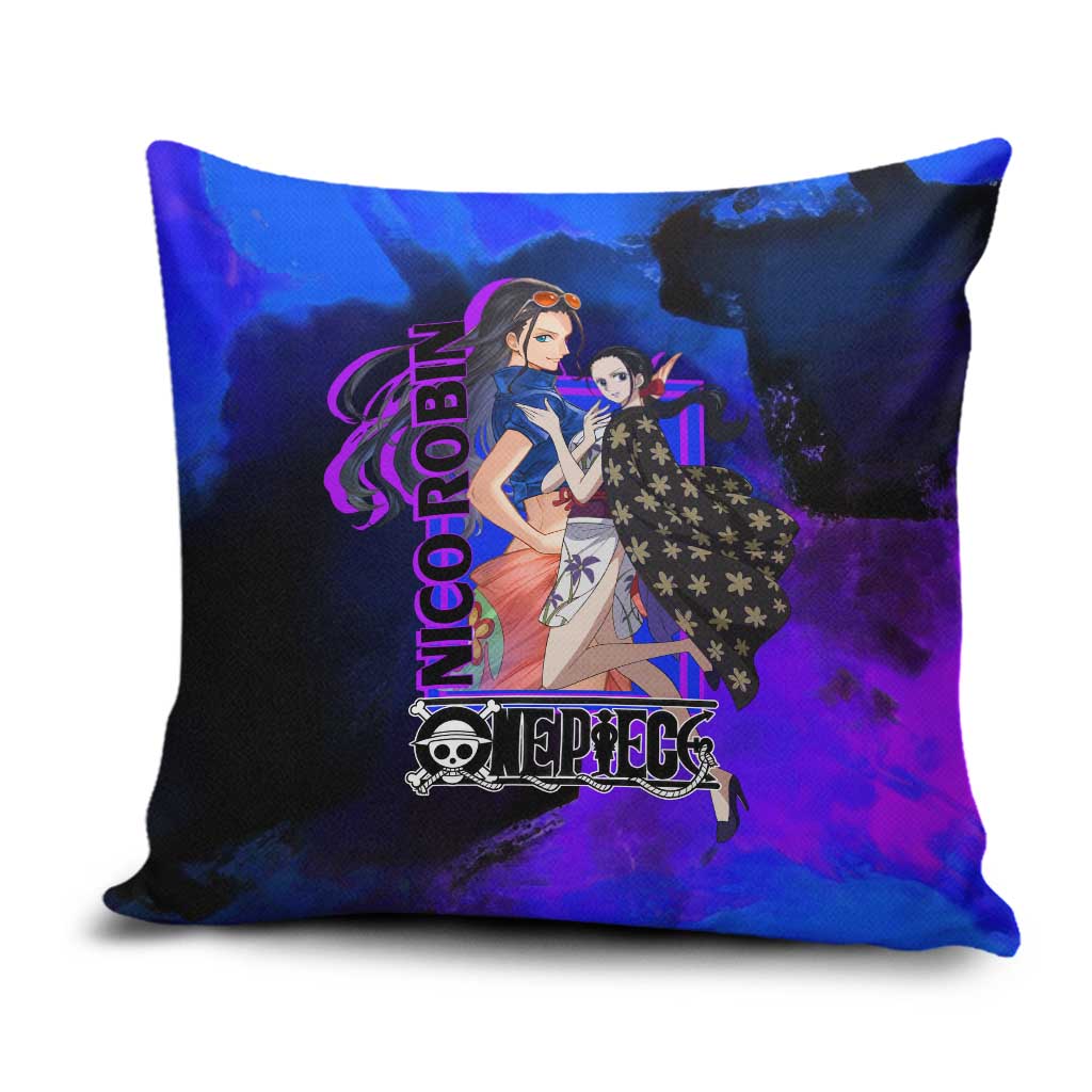 Nico Robin One Piece Purple and Blue Theme Pillow Cover with Floral Cape and Archaeologist Pose Design - The Mazicc