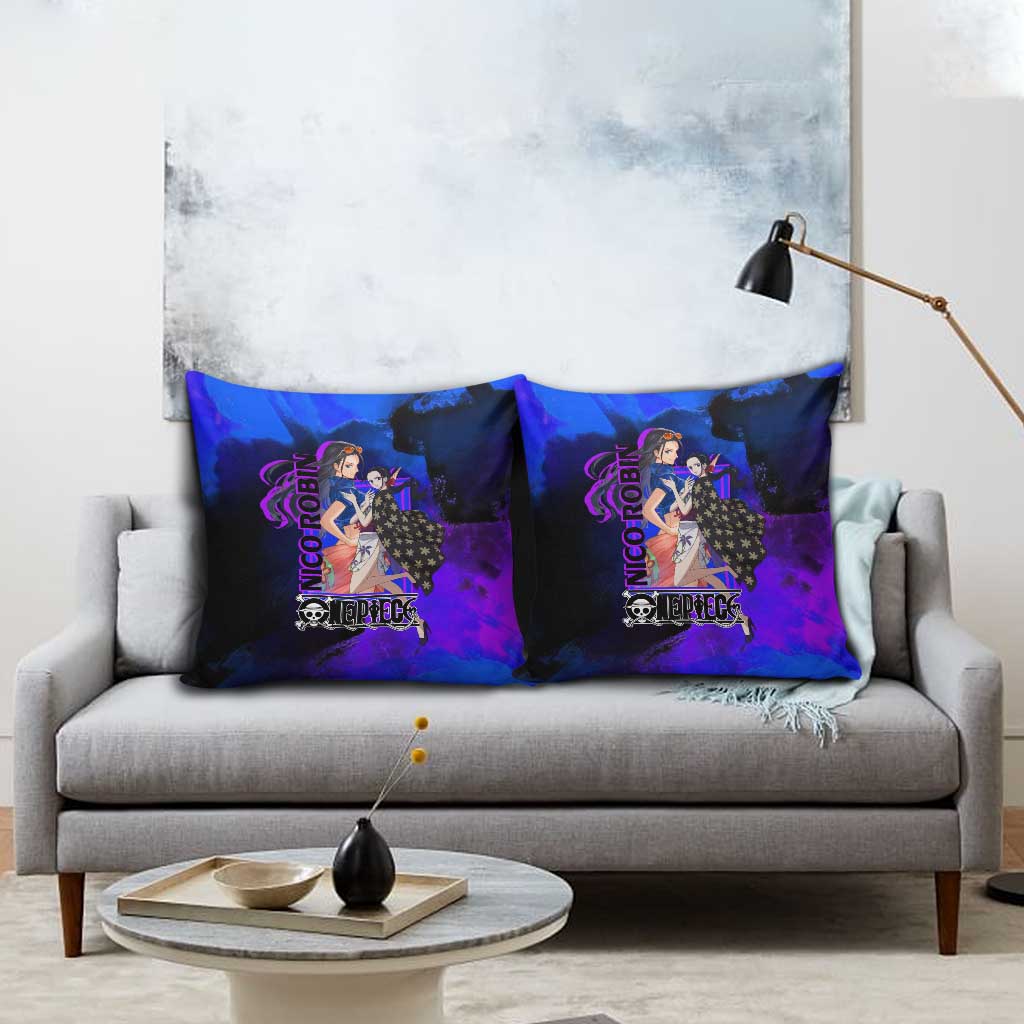 Nico Robin One Piece Purple and Blue Theme Pillow Cover with Floral Cape and Archaeologist Pose Design - The Mazicc