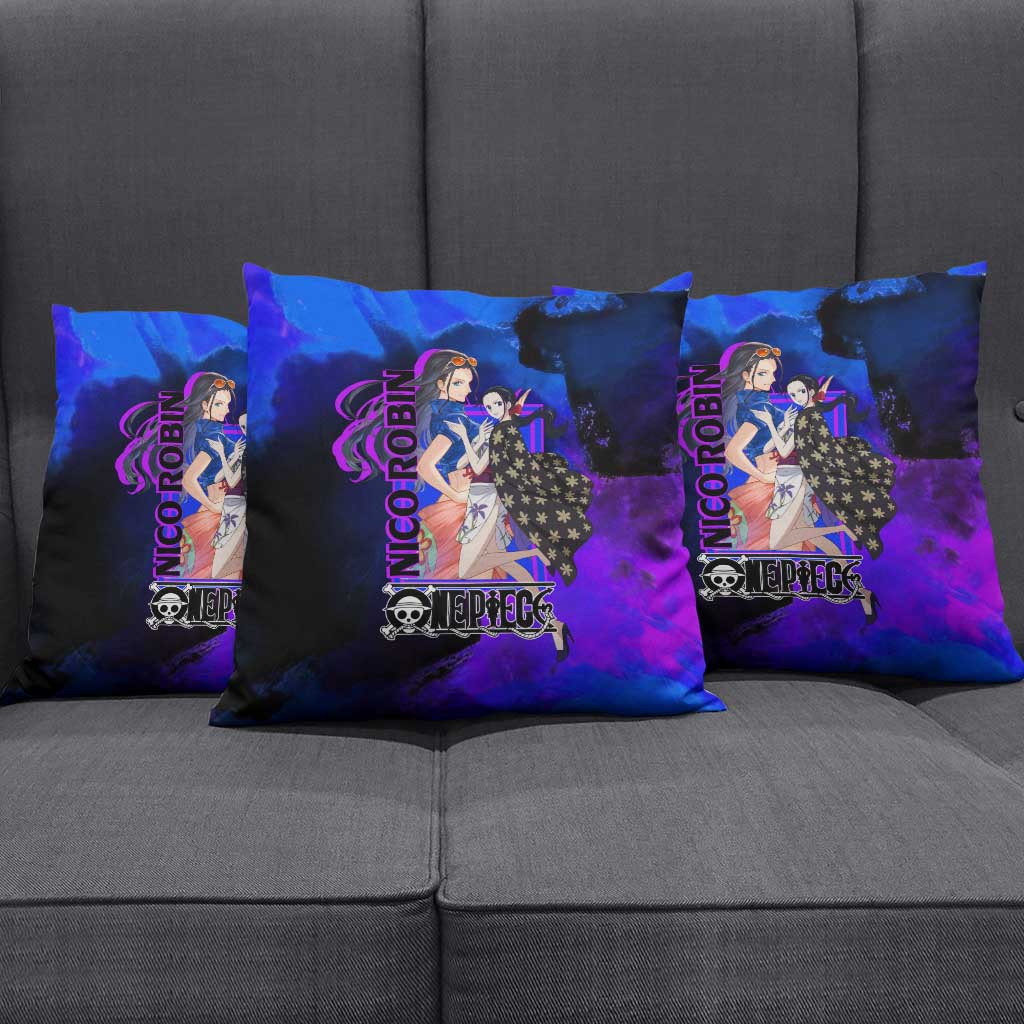Nico Robin One Piece Purple and Blue Theme Pillow Cover with Floral Cape and Archaeologist Pose Design - The Mazicc