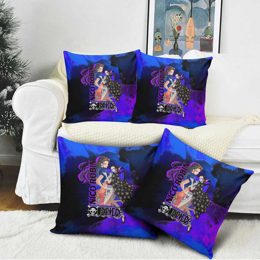 Nico Robin One Piece Purple and Blue Theme Pillow Cover with Floral Cape and Archaeologist Pose Design - The Mazicc