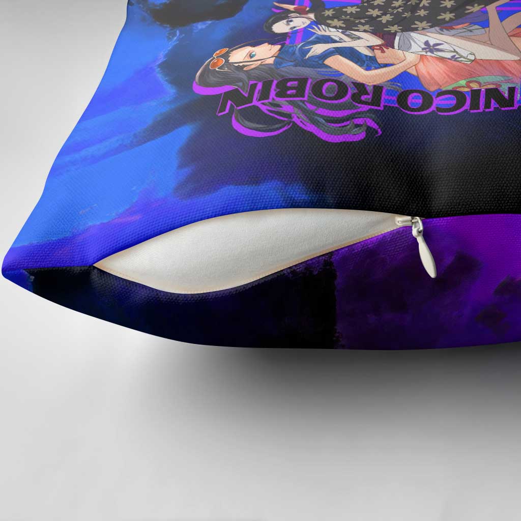Nico Robin One Piece Purple and Blue Theme Pillow Cover with Floral Cape and Archaeologist Pose Design - The Mazicc