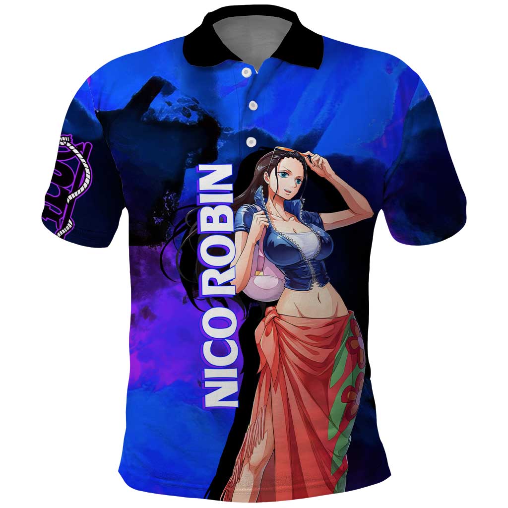 Nico Robin One Piece Purple and Blue Theme Polo Shirt with Floral Cape and Archaeologist Pose Design - The Mazicc