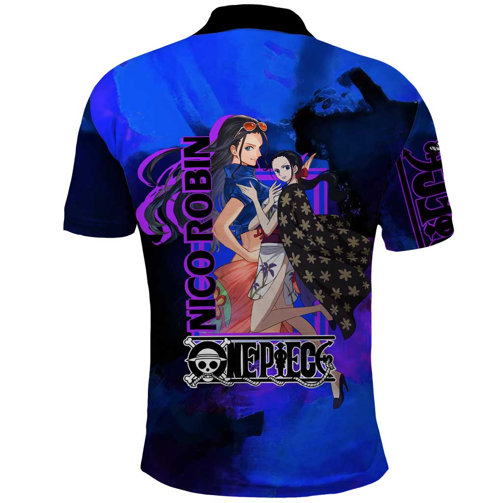 Nico Robin One Piece Purple and Blue Theme Polo Shirt with Floral Cape and Archaeologist Pose Design - The Mazicc