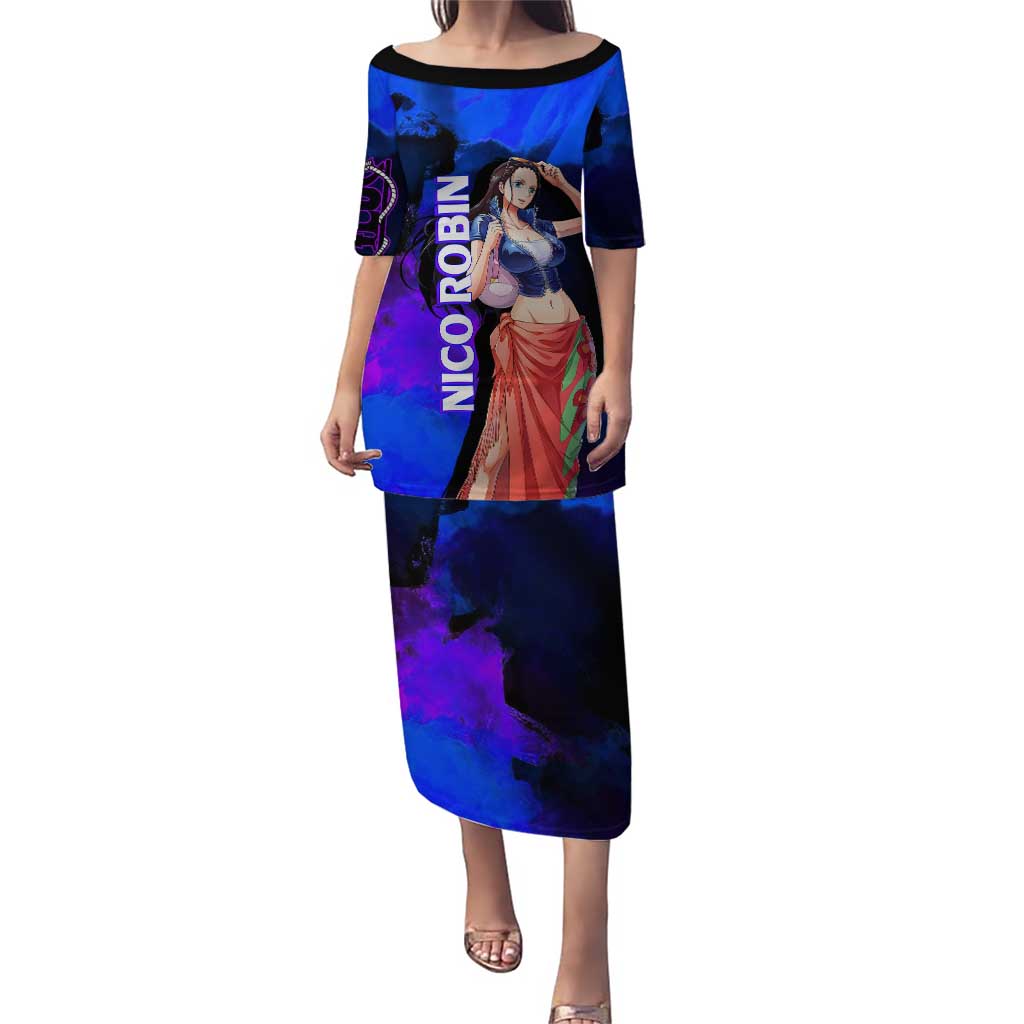 Nico Robin One Piece Purple and Blue Theme Puletasi with Floral Cape and Archaeologist Pose Design - The Mazicc