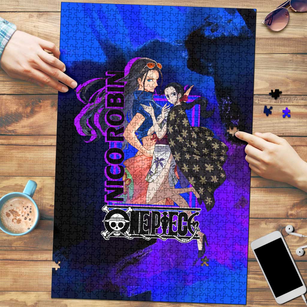 Nico Robin One Piece Purple and Blue Theme Puzzle with Floral Cape and Archaeologist Pose Design - The Mazicc
