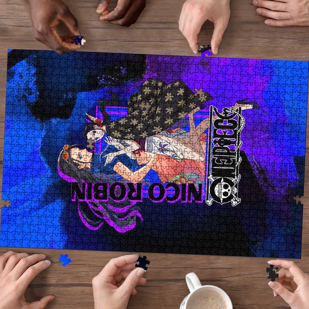 Nico Robin One Piece Purple and Blue Theme Puzzle with Floral Cape and Archaeologist Pose Design - The Mazicc