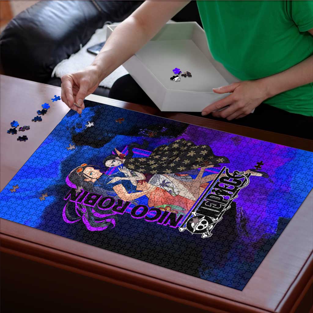 Nico Robin One Piece Purple and Blue Theme Puzzle with Floral Cape and Archaeologist Pose Design - The Mazicc