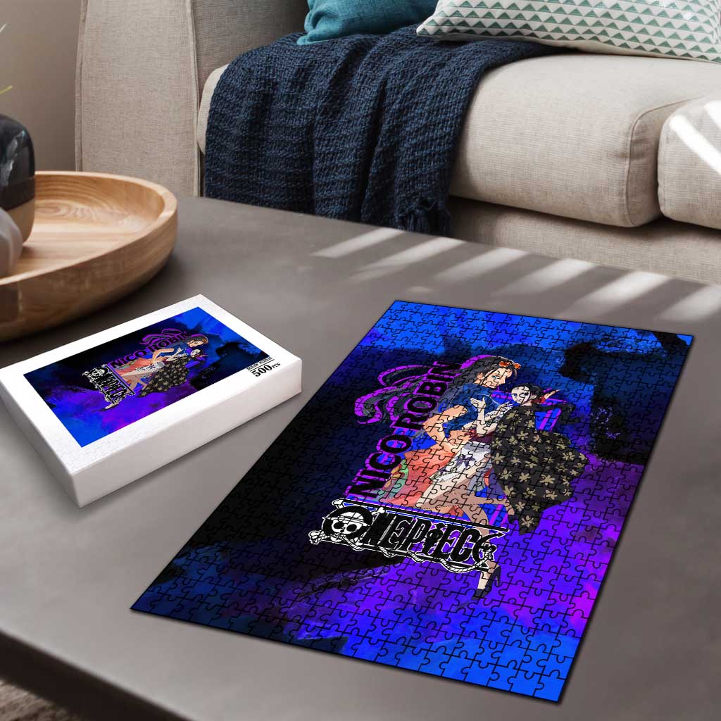 Nico Robin One Piece Purple and Blue Theme Puzzle with Floral Cape and Archaeologist Pose Design - The Mazicc
