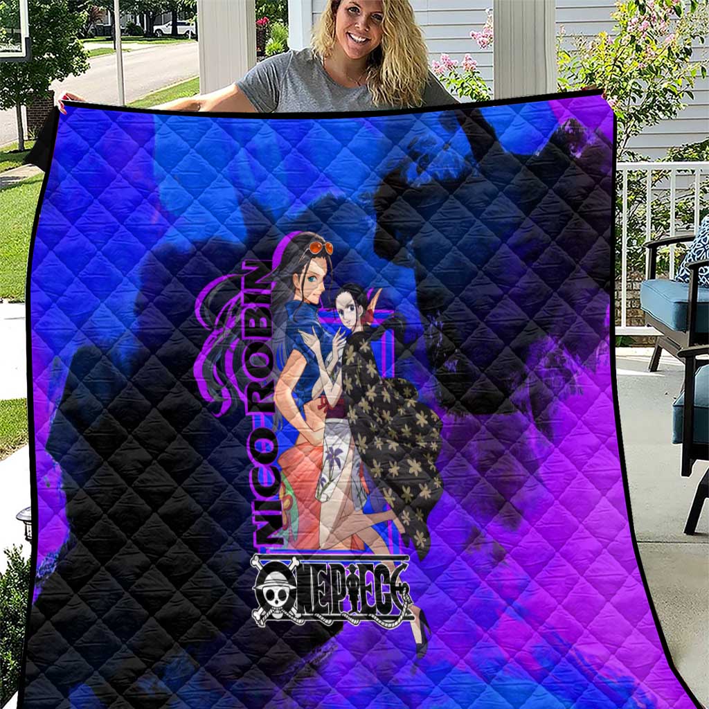 Nico Robin One Piece Purple and Blue Theme Quilt with Floral Cape and Archaeologist Pose Design - The Mazicc