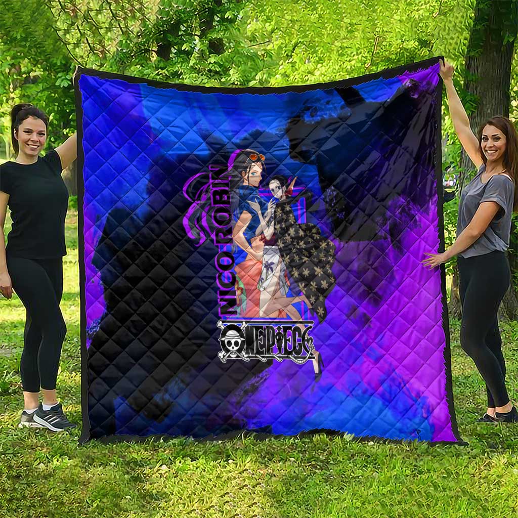 Nico Robin One Piece Purple and Blue Theme Quilt with Floral Cape and Archaeologist Pose Design - The Mazicc