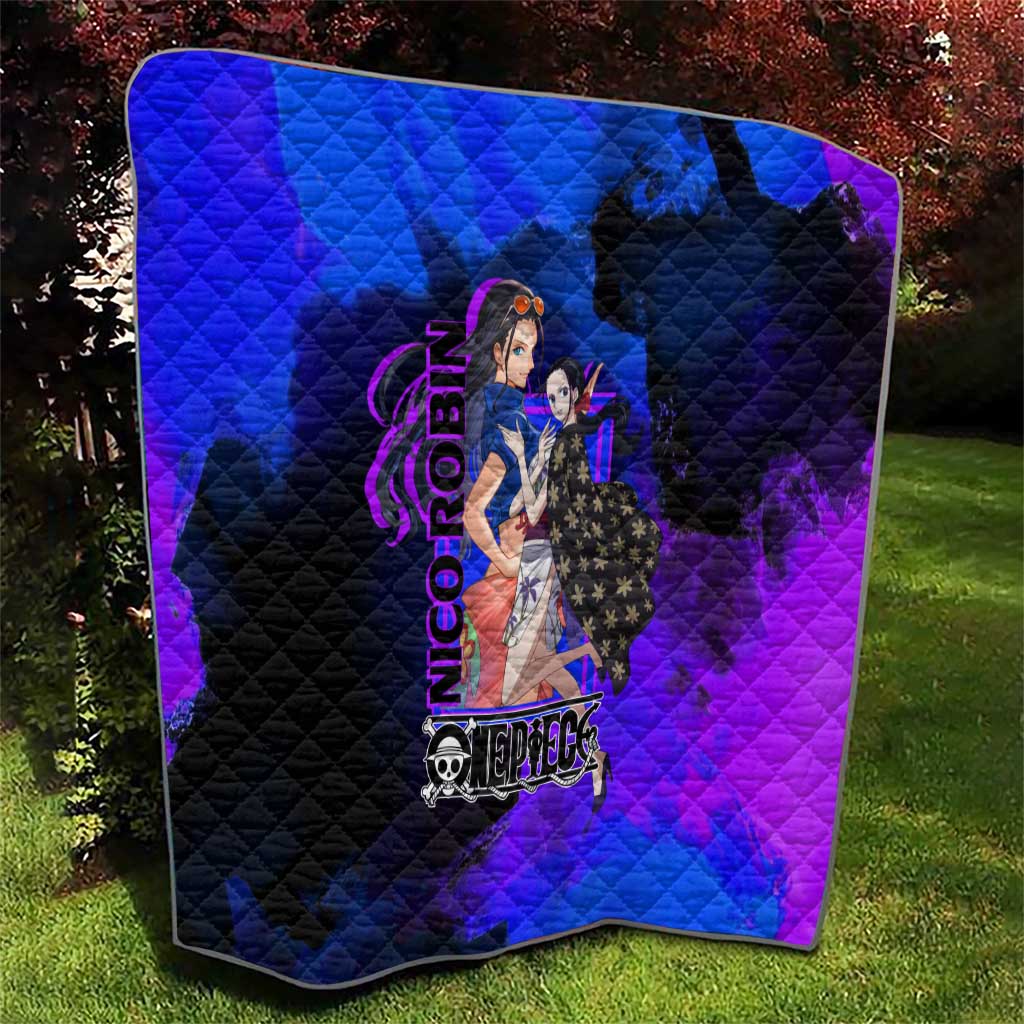 Nico Robin One Piece Purple and Blue Theme Quilt with Floral Cape and Archaeologist Pose Design - The Mazicc