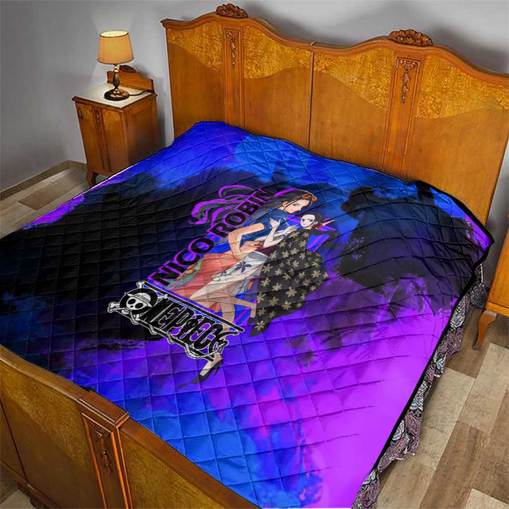 Nico Robin One Piece Purple and Blue Theme Quilt with Floral Cape and Archaeologist Pose Design - The Mazicc