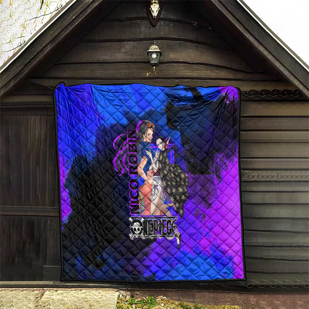 Nico Robin One Piece Purple and Blue Theme Quilt with Floral Cape and Archaeologist Pose Design - The Mazicc