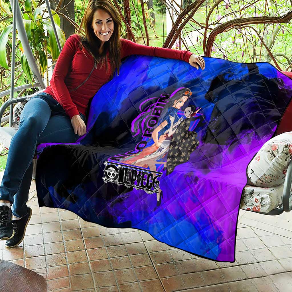Nico Robin One Piece Purple and Blue Theme Quilt with Floral Cape and Archaeologist Pose Design - The Mazicc