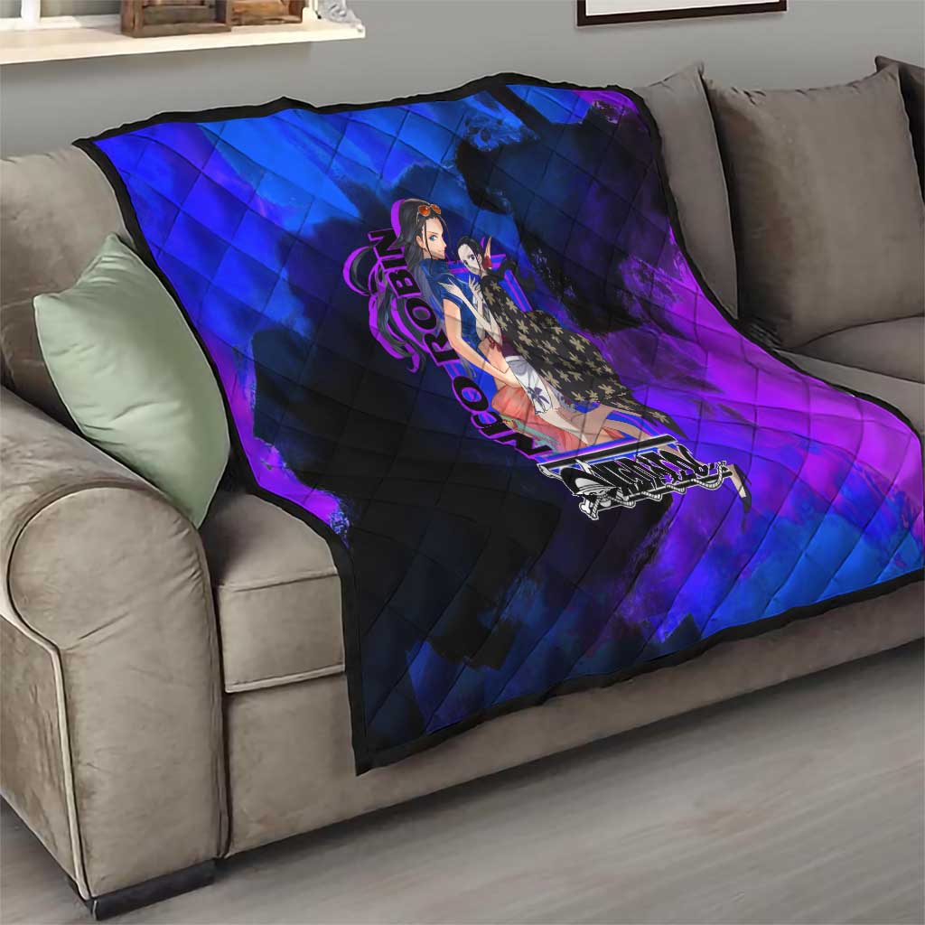 Nico Robin One Piece Purple and Blue Theme Quilt with Floral Cape and Archaeologist Pose Design - The Mazicc