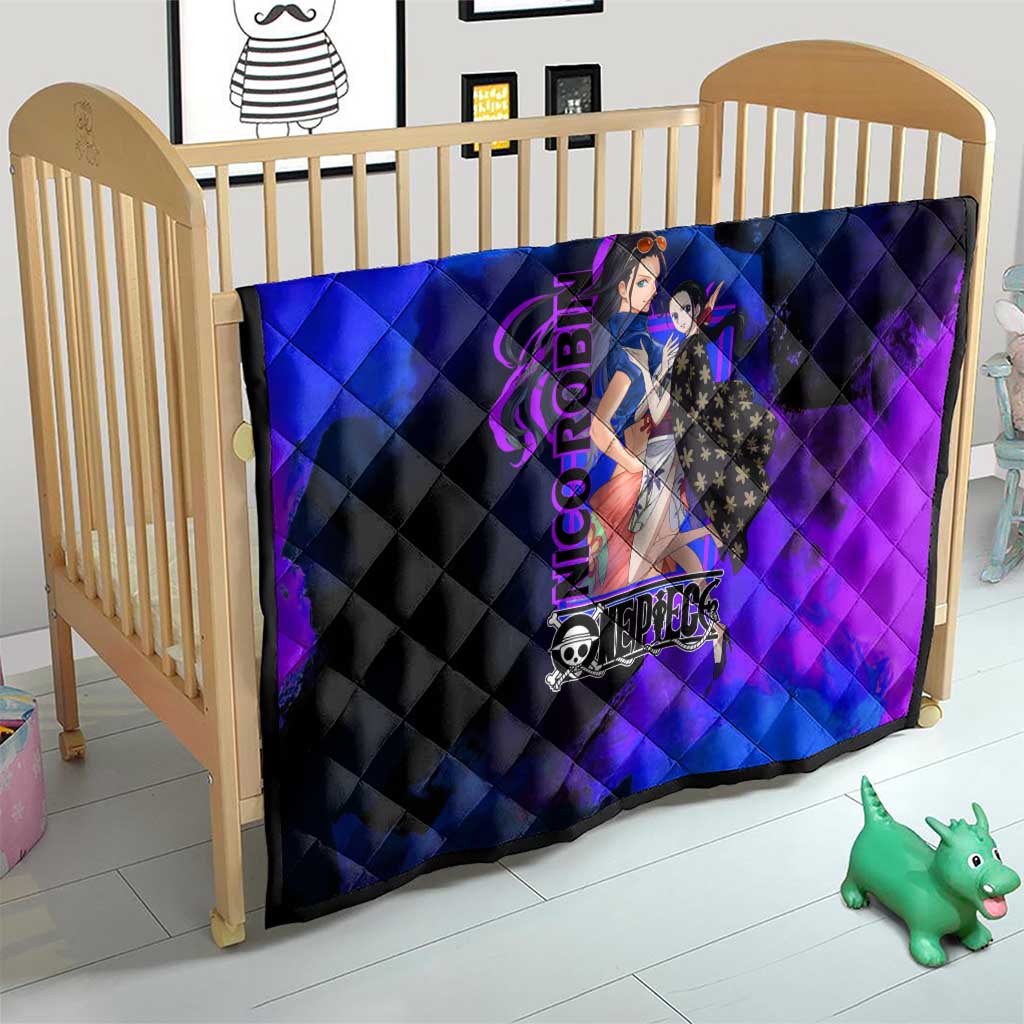 Nico Robin One Piece Purple and Blue Theme Quilt with Floral Cape and Archaeologist Pose Design - The Mazicc