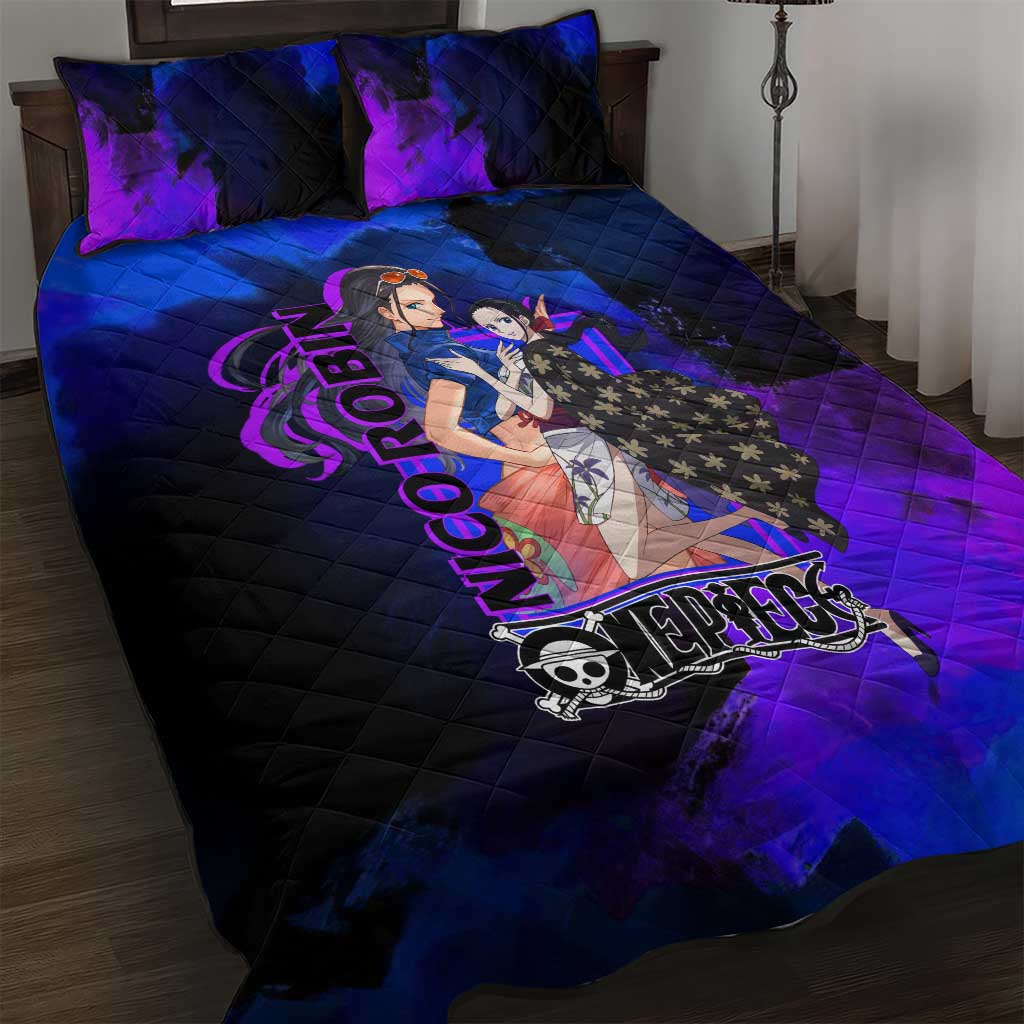 Nico Robin One Piece Purple and Blue Theme Quilt Bed Set with Floral Cape and Archaeologist Pose Design - The Mazicc