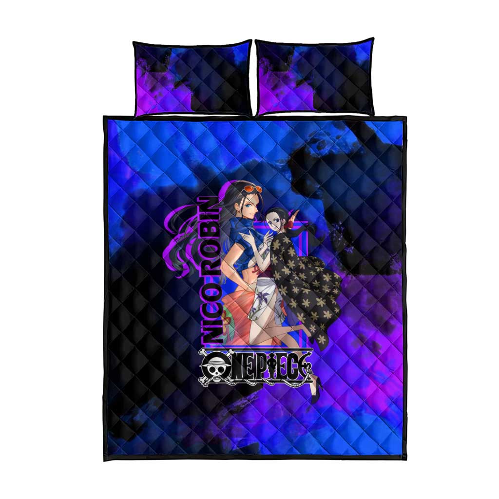 Nico Robin One Piece Purple and Blue Theme Quilt Bed Set with Floral Cape and Archaeologist Pose Design - The Mazicc