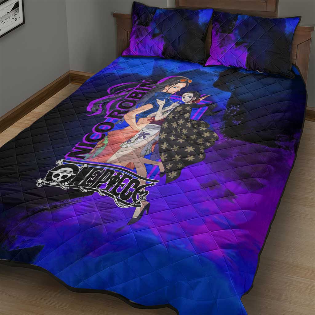Nico Robin One Piece Purple and Blue Theme Quilt Bed Set with Floral Cape and Archaeologist Pose Design - The Mazicc