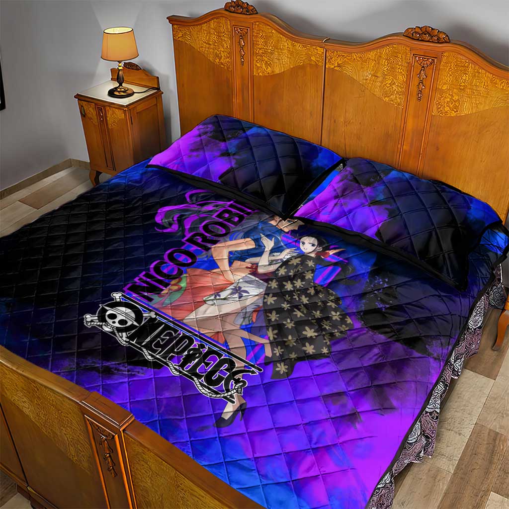 Nico Robin One Piece Purple and Blue Theme Quilt Bed Set with Floral Cape and Archaeologist Pose Design - The Mazicc