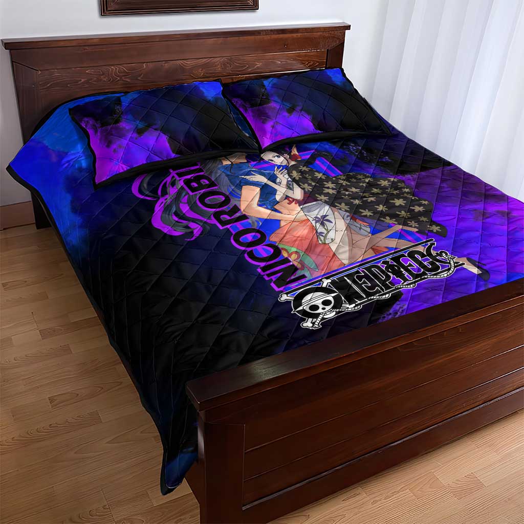 Nico Robin One Piece Purple and Blue Theme Quilt Bed Set with Floral Cape and Archaeologist Pose Design - The Mazicc