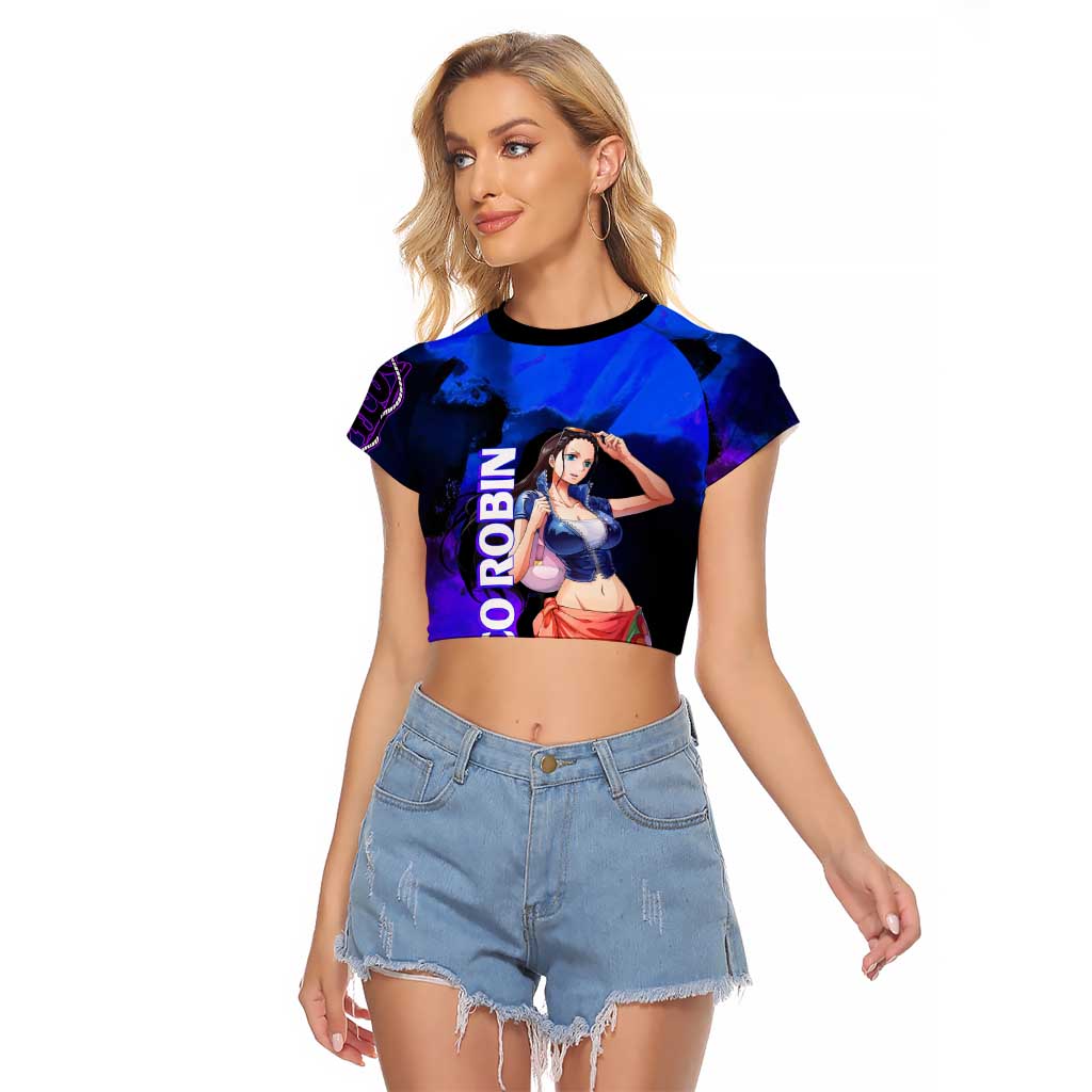 Nico Robin One Piece Purple and Blue Theme Raglan Cropped T Shirt with Floral Cape and Archaeologist Pose Design - The Mazicc