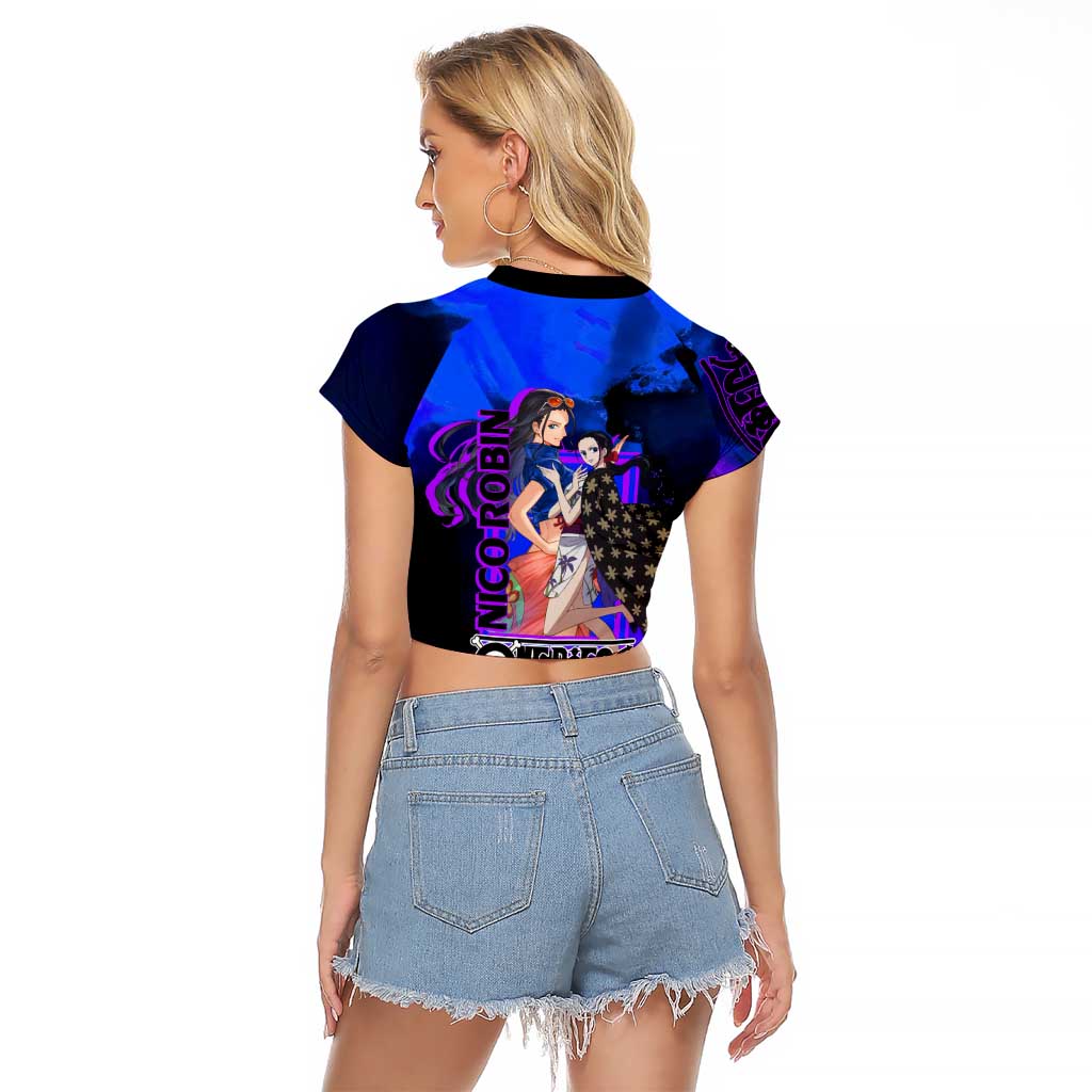 Nico Robin One Piece Purple and Blue Theme Raglan Cropped T Shirt with Floral Cape and Archaeologist Pose Design - The Mazicc