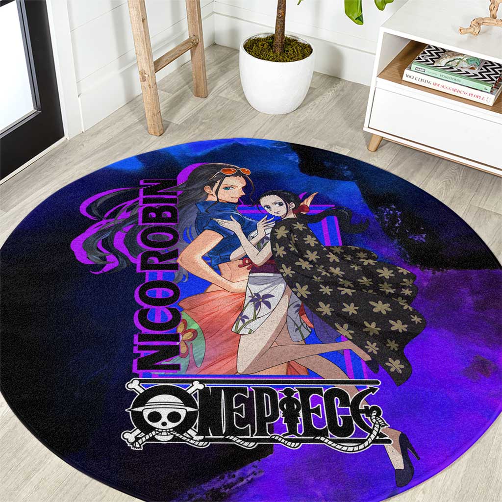 Nico Robin One Piece Purple and Blue Theme Round Carpet with Floral Cape and Archaeologist Pose Design - The Mazicc