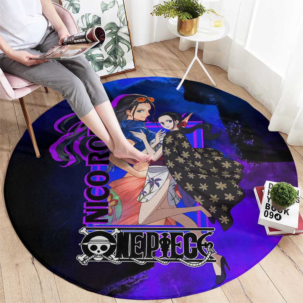 Nico Robin One Piece Purple and Blue Theme Round Carpet with Floral Cape and Archaeologist Pose Design - The Mazicc