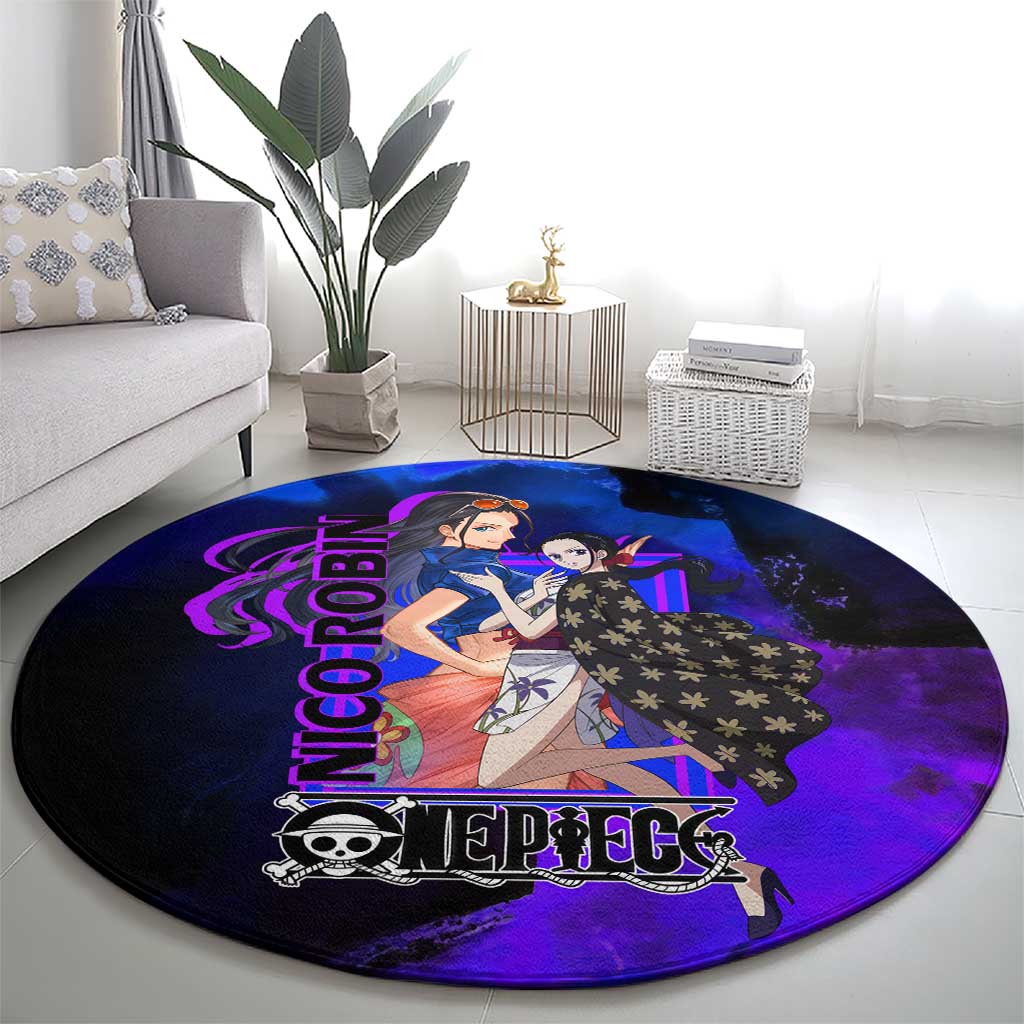 Nico Robin One Piece Purple and Blue Theme Round Carpet with Floral Cape and Archaeologist Pose Design - The Mazicc