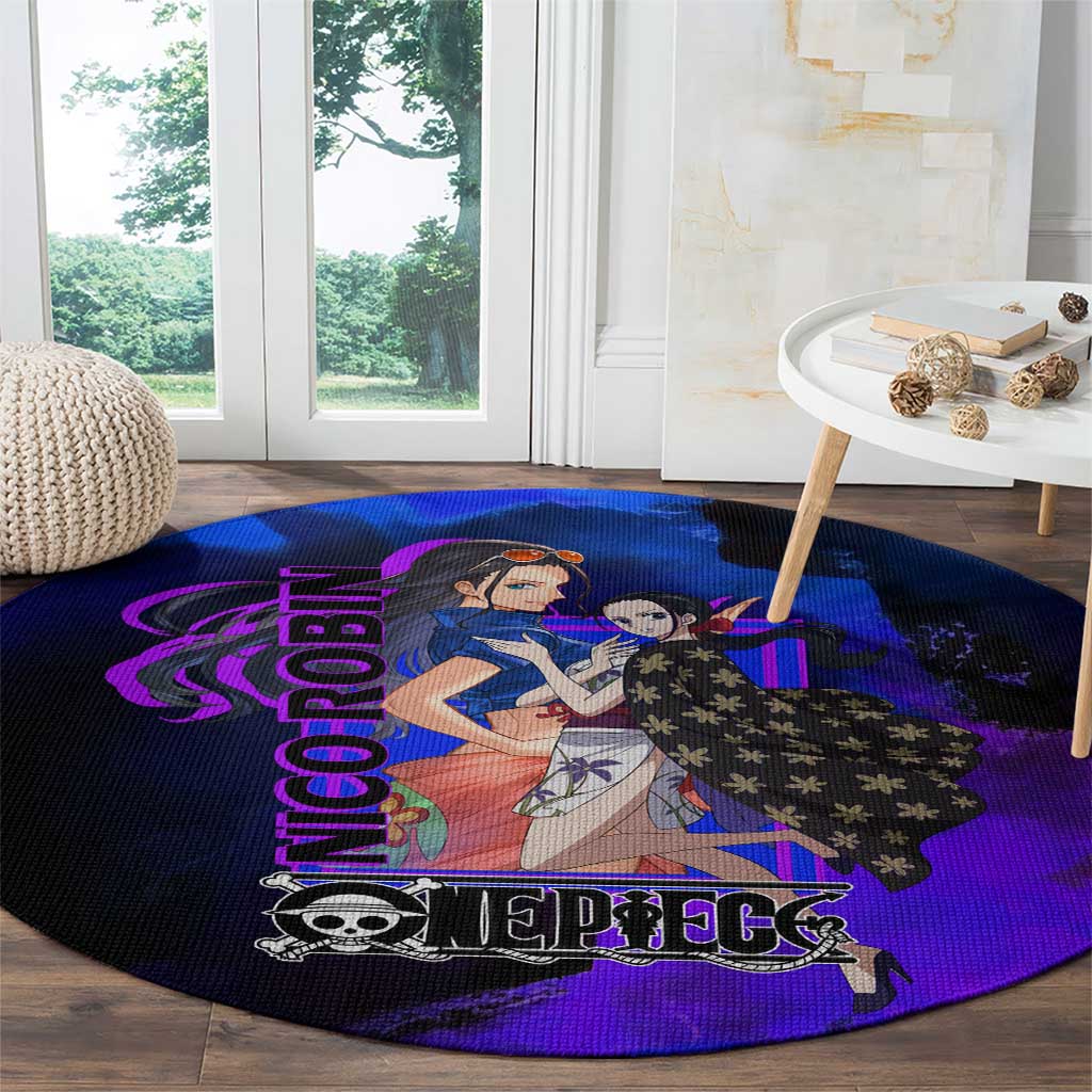 Nico Robin One Piece Purple and Blue Theme Round Carpet with Floral Cape and Archaeologist Pose Design - The Mazicc