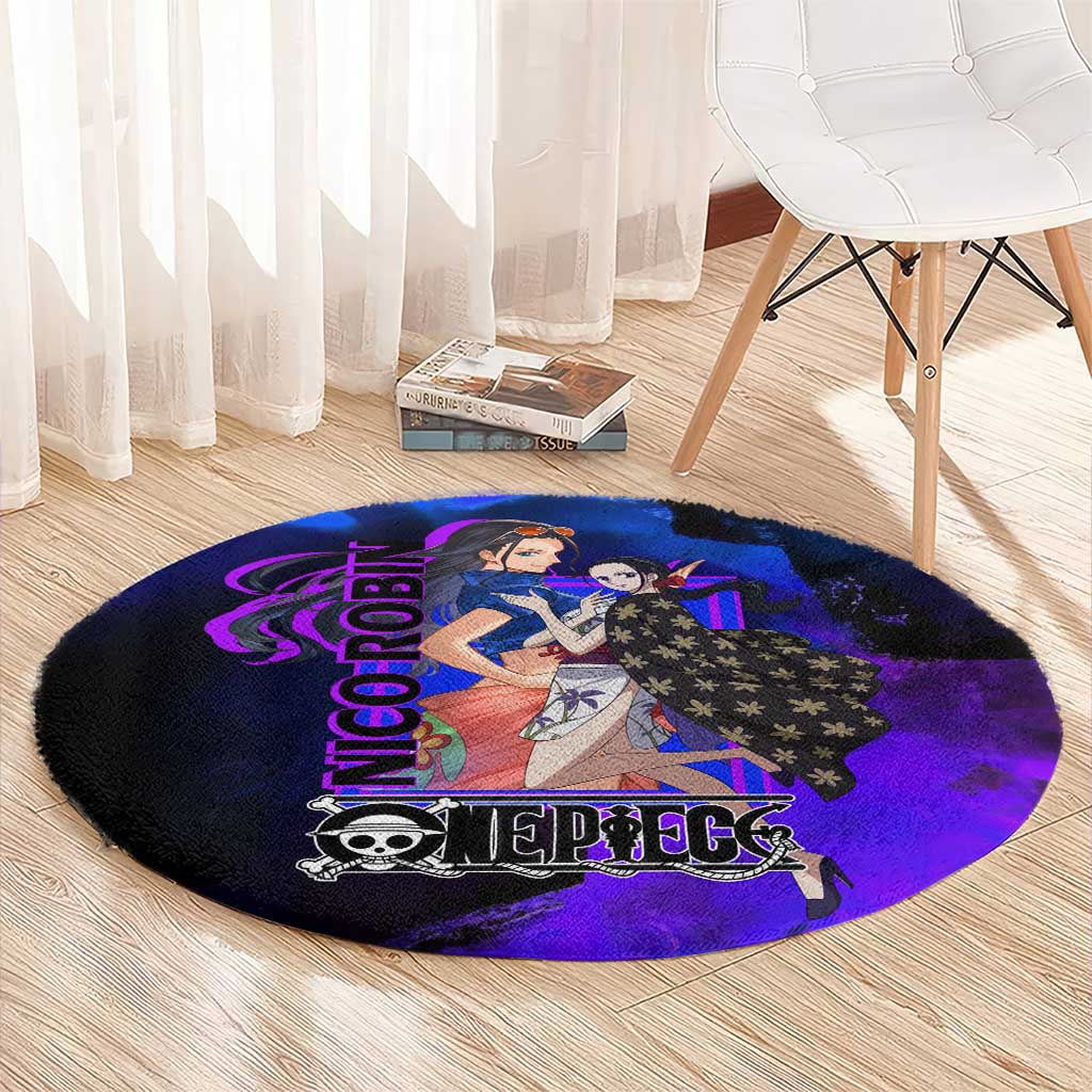 Nico Robin One Piece Purple and Blue Theme Round Carpet with Floral Cape and Archaeologist Pose Design - The Mazicc