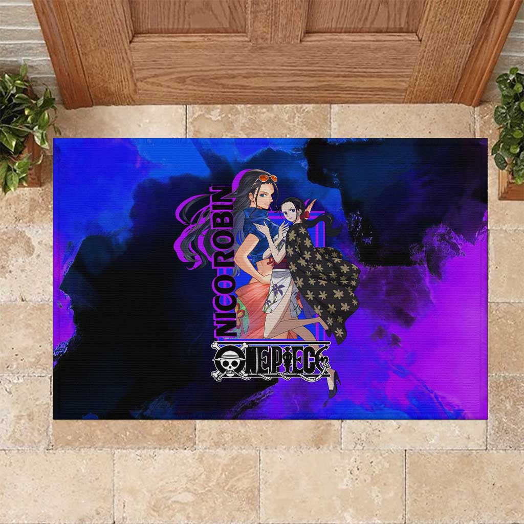 Nico Robin One Piece Purple and Blue Theme Rubber Doormat with Floral Cape and Archaeologist Pose Design - The Mazicc