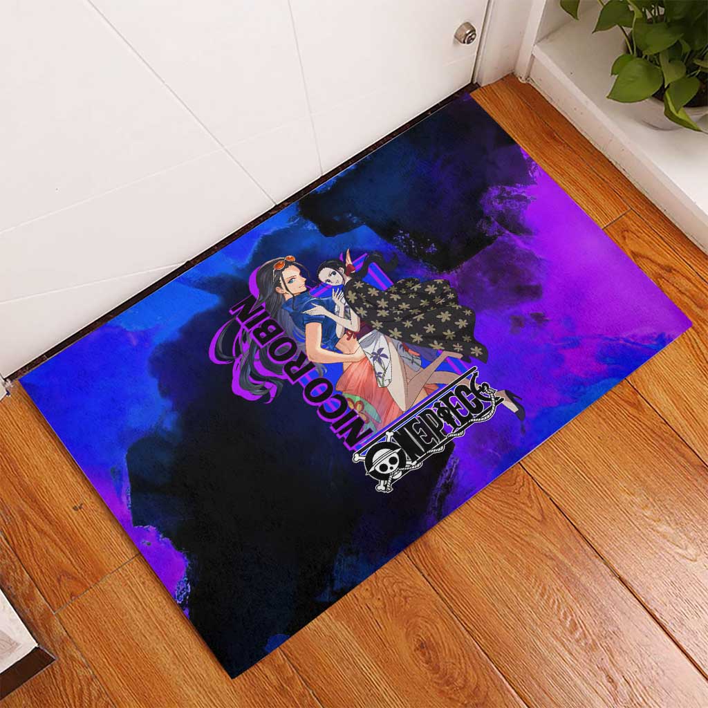 Nico Robin One Piece Purple and Blue Theme Rubber Doormat with Floral Cape and Archaeologist Pose Design - The Mazicc